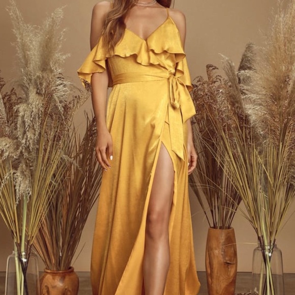 Lulus Dresses & Skirts - Lulu’s Moriah Mustard Yellow Satin Wrap Maxi Dress